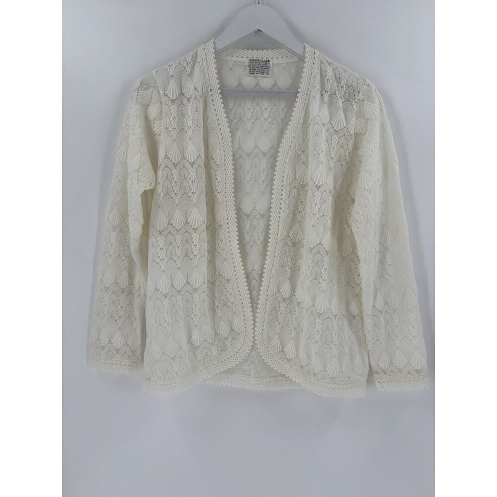 Vintage Vienna Lace Cardigan Sweater Womens Large White Open Crochet Sheer Knit